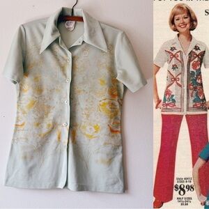 Vintage 70’s‎ mint screen print Floral short Sleeve Shirt